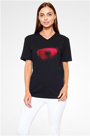 Arnavutluk - Albania Bayrağı Baskılı Unisex Siyah V Yaka Tişört