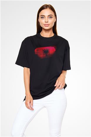 Arnavutluk - Albania Bayrağı Baskılı Unisex Siyah Oversize Tişört