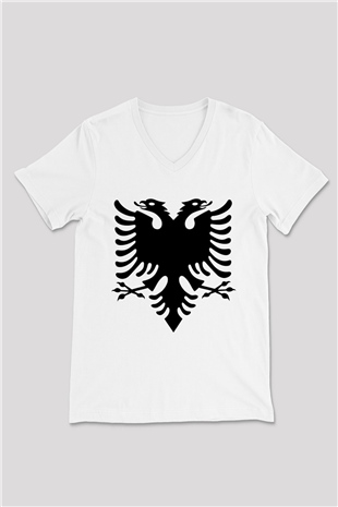 Arnavutluk Beyaz Unisex V Yaka Tişört T-Shirt