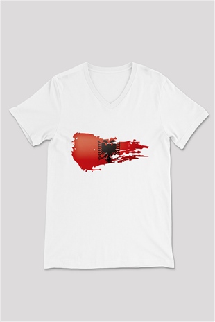 Arnavutluk Beyaz Unisex V Yaka Tişört T-Shirt