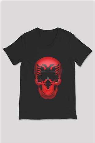 Arnavutluk Siyah Unisex V Yaka Tişört T-Shirt