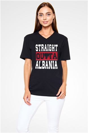 Arnavutluk Siyah Unisex V Yaka Tişört