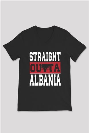 Arnavutluk Siyah Unisex V Yaka Tişört