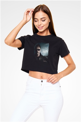 Arnold Schwarzenegger Baskılı Siyah Kadın Crop Top Tişört