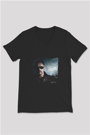 Arnold Schwarzenegger Baskılı Unisex Siyah V Yaka Tişört