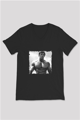 Arnold Schwarzenegger Baskılı Unisex Siyah V Yaka Tişört