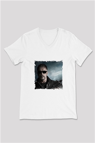 Arnold Schwarzenegger Baskılı V Yaka Unisex Beyaz Tişört