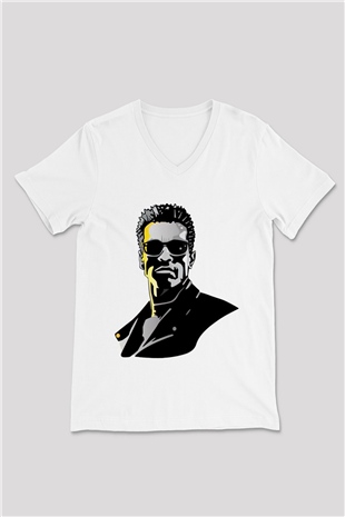 Arnold Schwarzenegger Beyaz Unisex V Yaka Tişört