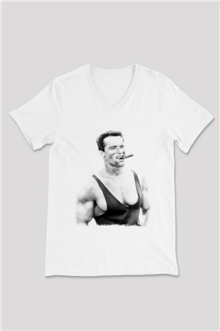 Arnold Schwarzenegger Beyaz Unisex V Yaka Tişört