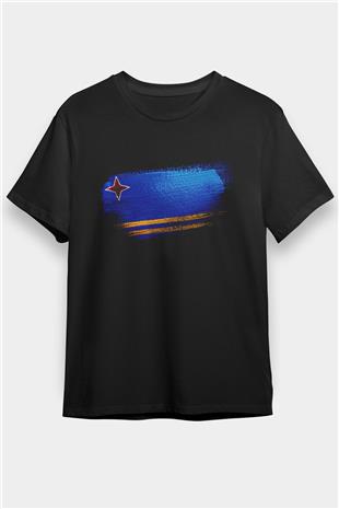 Aruba Bayrağı Baskılı Unisex Siyah Tişört