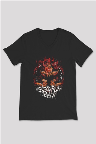 As Blood Runs Black Baskılı Unisex Siyah V Yaka Tişört - Tshirt