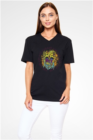 As Blood Runs Black Baskılı Unisex Siyah V Yaka Tişört - Tshirt