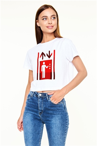 Asansörcü Beyaz Croptop Tişört