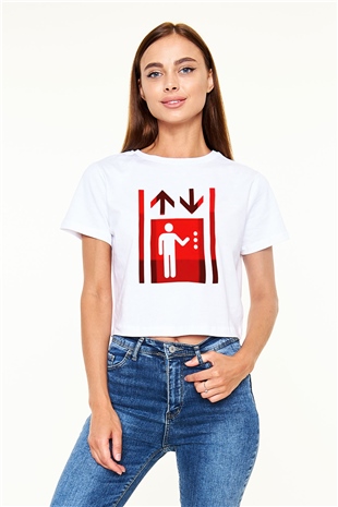 Asansörcü Beyaz Croptop Tişört