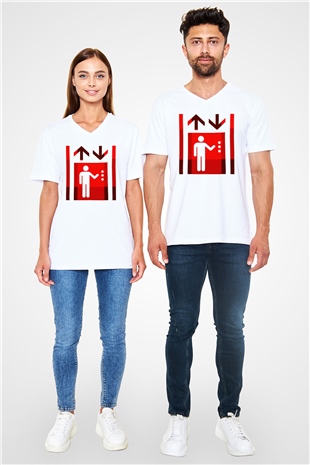 Asansörcü Beyaz Unisex V Yaka Tişört T-Shirt