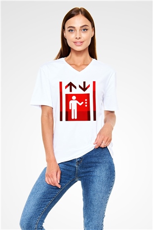 Asansörcü Beyaz Unisex V Yaka Tişört T-Shirt