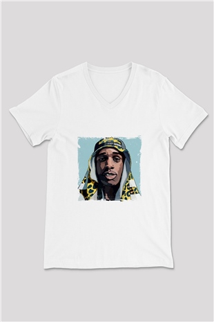 ASAP Mob Baskılı Beyaz V Yaka Unisex Tişört