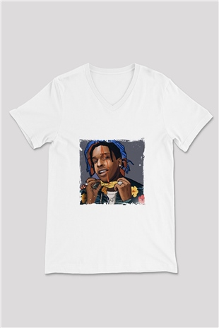 ASAP Mob Baskılı Beyaz V Yaka Unisex Tişört