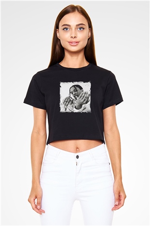 ASAP Mob Baskılı Crop Top Siyah Kadın Tişört