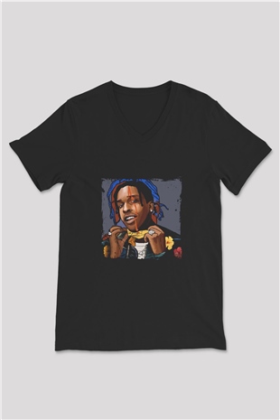 ASAP Mob Baskılı Unisex Siyah V Yaka Tişört