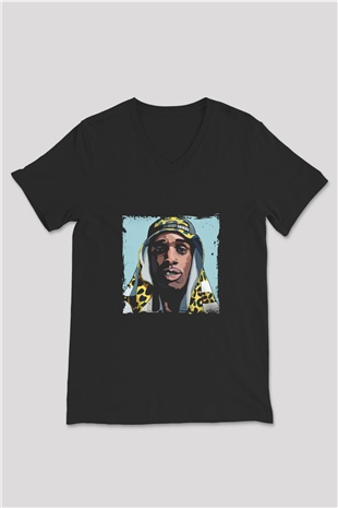 ASAP Mob Baskılı Unisex Siyah V Yaka Tişört