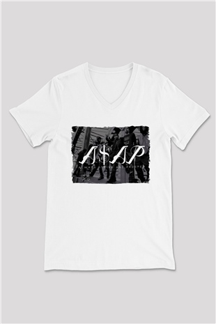 ASAP Mob Beyaz Unisex V Yaka Tişört