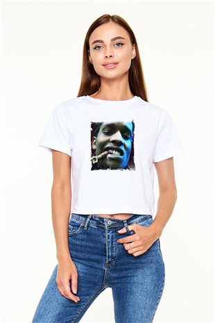 ASAP Rocky Baskılı Beyaz Kadın Crop Top Tişört