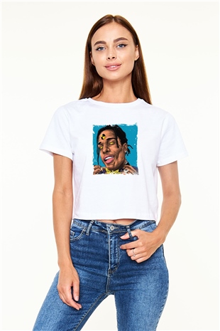 ASAP Rocky Baskılı Beyaz Kadın Crop Top Tişört