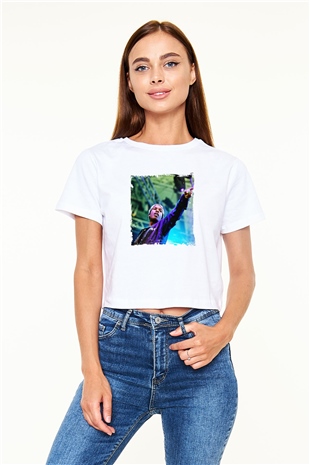 ASAP Rocky Baskılı Beyaz Kadın Crop Top Tişört