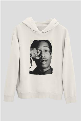 Asap Rocky Baskılı Beyaz Unisex Kapüşonlu Sweatshirt