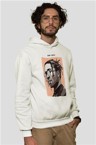 Asap Rocky Baskılı Beyaz Unisex Kapüşonlu Sweatshirt