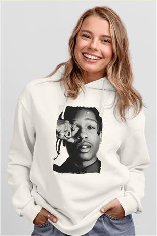Asap Rocky Baskılı Beyaz Unisex Kapüşonlu Sweatshirt