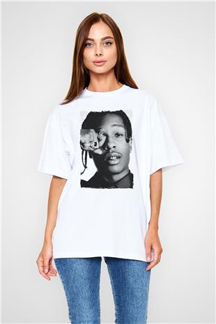 Asap Rocky Baskılı Beyaz Unisex Oversize Tişört - Tshirt