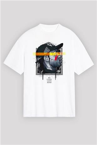 Asap Rocky Baskılı Beyaz Unisex Oversize Tişört - Tshirt