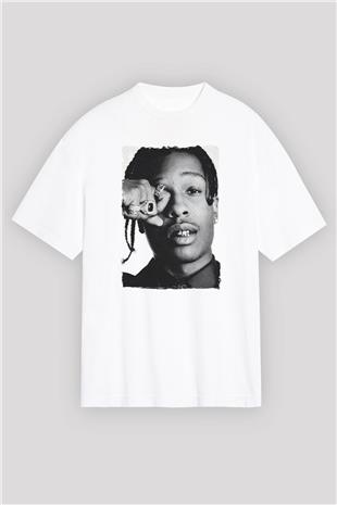 Asap Rocky Baskılı Beyaz Unisex Oversize Tişört - Tshirt