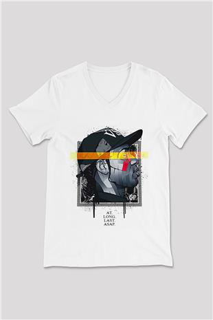 Asap Rocky Baskılı Beyaz Unisex V Yaka Tişört - Tshirt