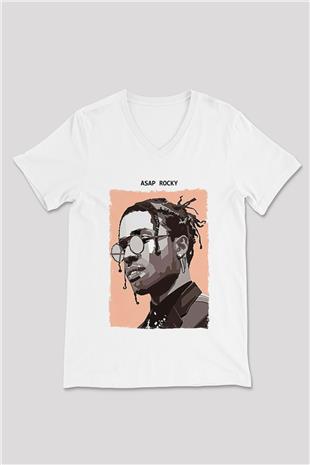 Asap Rocky Baskılı Beyaz Unisex V Yaka Tişört - Tshirt