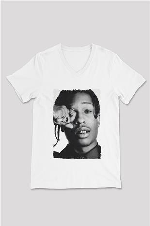 Asap Rocky Baskılı Beyaz Unisex V Yaka Tişört - Tshirt