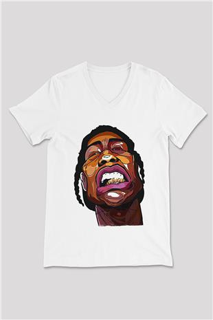 Asap Rocky Baskılı Beyaz Unisex V Yaka Tişört - Tshirt