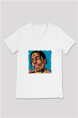 ASAP Rocky Baskılı Beyaz V Yaka Unisex Tişört