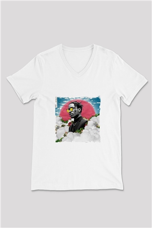 ASAP Rocky Baskılı Beyaz V Yaka Unisex Tişört
