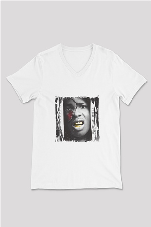 ASAP Rocky Baskılı Beyaz V Yaka Unisex Tişört