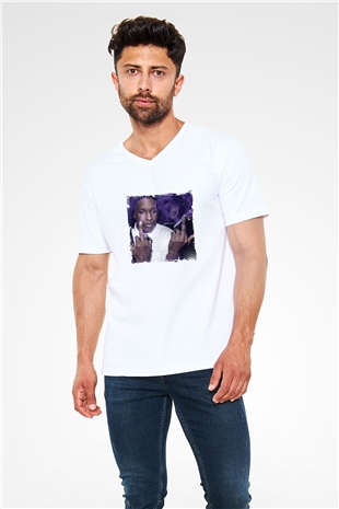 ASAP Rocky Baskılı Beyaz V Yaka Unisex Tişört