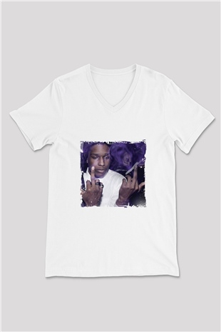 ASAP Rocky Baskılı Beyaz V Yaka Unisex Tişört