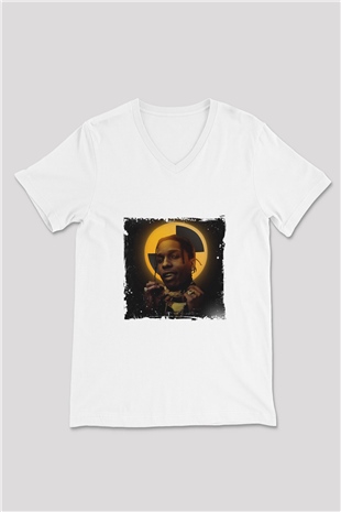 ASAP Rocky Baskılı Beyaz V Yaka Unisex Tişört