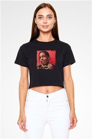 ASAP Rocky Baskılı Crop Top Siyah Kadın Tişört