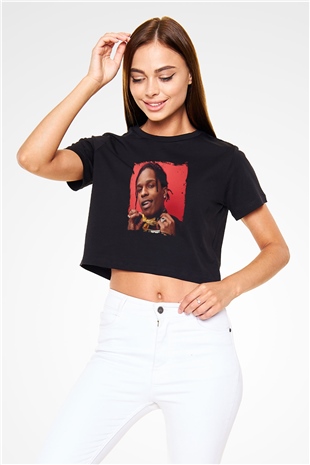ASAP Rocky Baskılı Crop Top Siyah Kadın Tişört