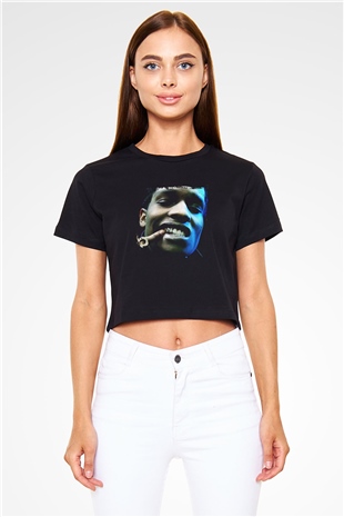 ASAP Rocky Baskılı Crop Top Siyah Kadın Tişört