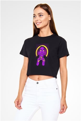 Asap Rocky Baskılı Siyah Crop Top Kadın Tişört - Tshirt