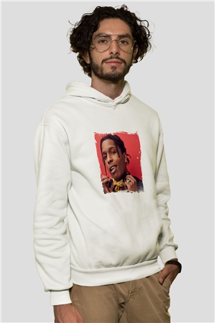 ASAP Rocky Baskılı Unisex Beyaz Hoodie